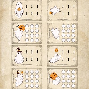 May include: A printable PDF featuring a "Cute & Spooky Tiny Challenges" theme. The design includes ghost illustrations with pumpkins, bats, and witch hats. Each card has circles for tracking savings and the text "You assign circles an amount to save."