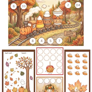 Op de afbeelding: Een printbaar activiteitenblad getiteld The Enchanted Owls Nest met een herfsttrein met een pompoenlocomotief, maissnoepjes, een geest in een vat en een koffiebeker. Bevat telcirkels, een bladeren-tracker en een afbeelding van een pompoen.