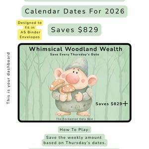 May include: A whimsical savings book with the text "Thursday Savings Book Calendar Dates For 2026." The design features a cartoon gnome holding mushrooms, with the text "Whimsical Woodland Wealth." It is designed to fit in A5 binder envelopes.