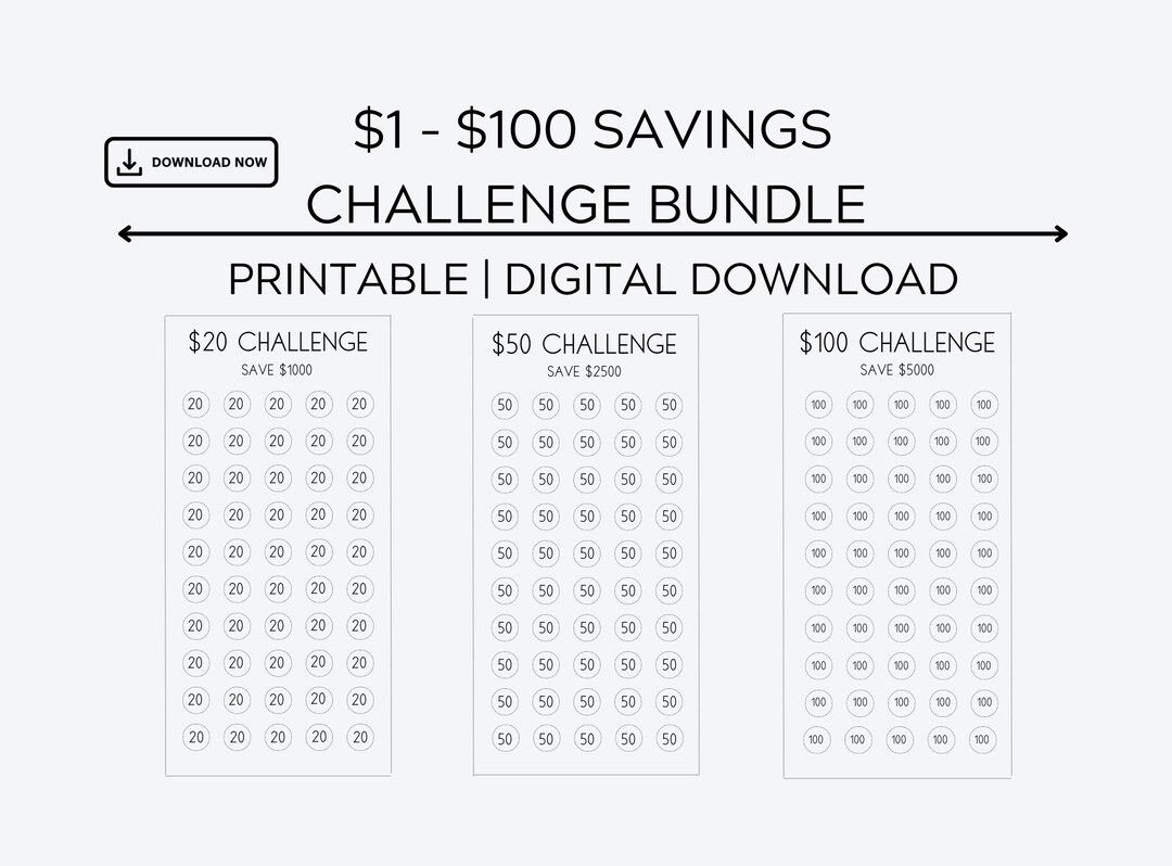 Printable Dollar Savings Challenge Bundleone Dollarone Etsy
