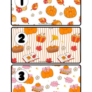 May include: Three rectangular designs featuring fall-themed illustrations. The first design showcases pumpkins, leaves, and flowers. The second design includes cupcakes, pie, and books. The third design features pumpkins with bows, books, and leaves. The Enchanted Owls Nest is written at the bottom of each design.