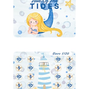 May include: A blue and white striped lighthouse with a yellow flag on top. The lighthouse is surrounded by 16 blue and gold life preserver rings with numbers 5 and 10 on them. The background is a light blue watercolor with white bubbles. The text "Save $120" is at the top of the image.