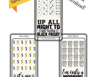 Puede incluir: Descarga digital con tres tarjetas con temas de ahorro. Una tarjeta tiene dados, otra el número 5 y la tercera tazas de café. El texto incluye "Up All Night, To Get Lucky Black Friday" y "I'm Only a Morning Person on Black Friday."