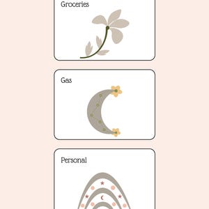 Puede incluir: Conjunto de panel A7, PDF imprimible, con tres tarjetas rectangulares. La tarjeta superior dice "Comestibles" y presenta un diseño floral. La tarjeta del medio dice "Gas" con un diseño de media luna. La tarjeta inferior dice "Personal" con un diseño de arcoíris.