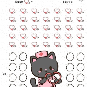 May include: A printable doctor co-pay savings tracker with the text "Doctor Co-Pays" in pink. The design features a cartoon cat dressed as a nurse holding a stethoscope, with spaces to track savings. The Enchanted Owls Nest.