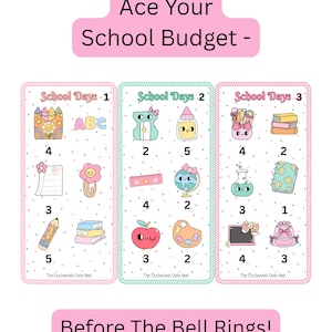 May include: A colorful graphic with the text "Ace Your School Budget - Before The Bell Rings!" Three sections display school-themed illustrations with numbers. The sections are labeled "School Days 1, 2, and 3" with images of school supplies.