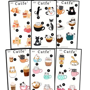 Peut inclure: Un ensemble de neuf feuilles d'autocollants représentant d'adorables chats de dessin animé savourant du café et d'autres boissons. Chaque feuille a un design différent et comprend le texte "Catfe'" et un prix.