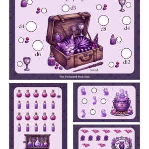 May include: A savings challenge bundle featuring purple-themed illustrations. The main sheet shows a cat in a wooden chest with potion bottles, goblets, and text reading Brewing Up Big Bucks and The Enchanted Owls Nest. Additional sheets include potion bottles, a cauldron with ghosts, and an owl gate.