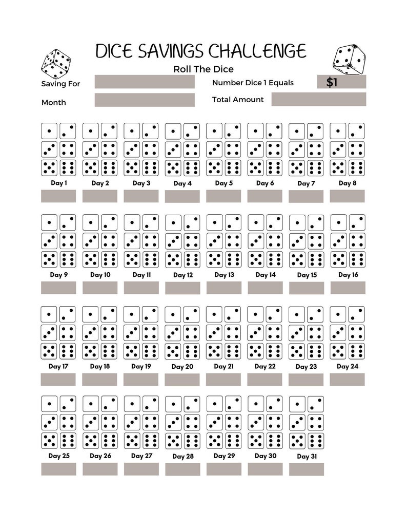 Printable Roll the Dice Savings Challenge Printable Savings Challenge