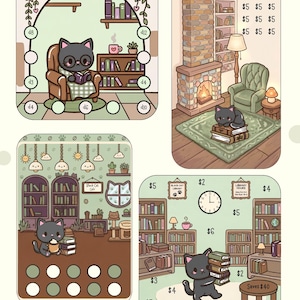 Könnte beinhalten: Ein digitales Illustrationsblatt mit dem Titel Black Cats and Books, das vier verschiedene Szenen von schwarzen Katzen in Bibliotheken und Wohnräumen mit verschiedenen Büchern, Möbeln und numerischen Trackern für Sparziele zeigt.