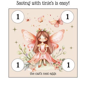 May include: A pink fairy with wings sits on a bed of flowers and butterflies. There are four circles with the number "1" inside each circle. The text "the owl's nest eggs" is below the fairy.