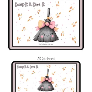 May include: Two rectangular dashboards labeled A5 and A6, featuring a cartoon broom with a pink bow, a smiling face, and rosy cheeks. The background is white with scattered orange autumn leaves and small pink stars. Text reads Sweep It & Save It.