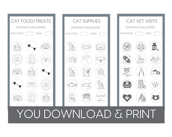 May include: Printable cat savings challenge tracker with three sections: cat food/treats, cat supplies, and cat vet visits. Each section has a list of icons representing different items and a space to track savings goals.