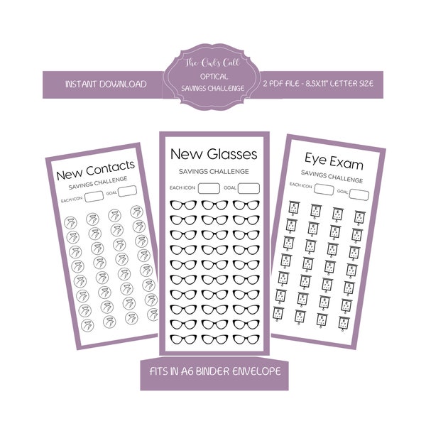 Printable Optical Savings Challenge | New Eyeglasses | New Contacts | Eye Exam |  Savings Tracker | Budget | Sinking Funds | Money Challenge