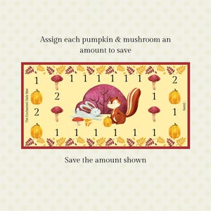 Puede incluir: Un gráfico educativo colorido con un tema otoñal. Presenta calabazas, setas, un conejo y una ardilla. El texto dice: "Asigna a cada calabaza y seta una cantidad para ahorrar" y "Guarda la cantidad mostrada."