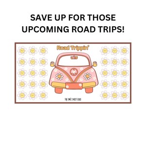 May include: A pink and white vintage van with a peace sign and flowers on the side. The van says "Road Trippin'" and is surrounded by yellow daisies. The text "The Owl's Nest Eggs" is below the van.