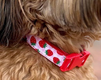 Strawberry Dog Collar – Handmade Dog Collar, Cute Gingham Dog Collar, Pink & Red Pet Accessory, Adjustable Collar for Small to Giant Breeds