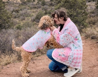 Pink Upcycled Quilt Coat Matching Set for Dog & Owner | Handmade Dog Mom Jacket and Dog Vest |  Pink Roses and Gingham Check | One of a Kind