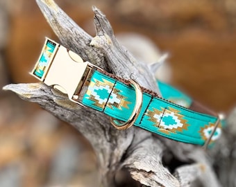 Southwest Dog Collar • Boutique Western Dog Accessory • Boho Cowboy Turquoise Aztec Puppy Collar • Matching Dog Mom Set w Keychain