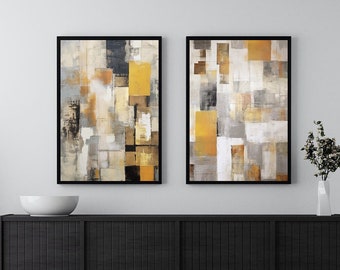 Juego de 2 impresiones abstractas minimalistas modernas en tonos neutros, naranja, dorado y beige, galería de pared neutra, sala de estar moderna dorada.