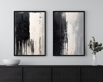Juego de 2 impresiones abstractas minimalistas en blanco y negro, arte de pared neutro moderno, arte de pared neutro, sala de estar oscura y acogedora.