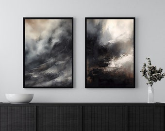 Juego de 2 piezas de arte de pared minimalista, abstracto neutro nublado, abstracto ondulado en negro intenso y dorado, pared de galería neutra, sala de estar oscura digital