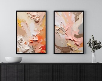 Juego de 2 cuadros abstractos contemporáneos y coloridos con impresiones sencillas y coloridas, pinceladas minimalistas, dibujos de líneas modernas, rosa y naranja.