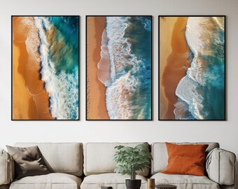 Impresión aérea de playa - Playa de arena dorada - Póster de playa - Decoración de playa - Paquete de 3 / Descarga digital /