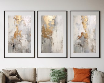 Juego de 3 cuadros minimalistas de arte de pared en dorado y beige, abstractos neutros modernos, pinturas de galería minimalistas neutras, sala dorada