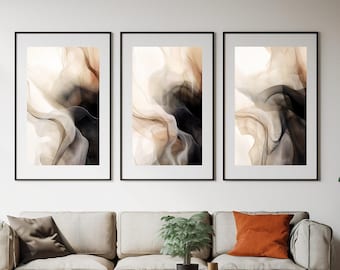 Arte de pared minimalista moderno neutro en negro y beige, juego de 3, impresiones abstractas, pinturas de galería minimalistas neutras, habitación dorada, sala de estar