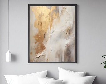 Impresión digital neutra para sala de estar, cálida y dorada, arte de pared imprimible en beige y dorado, pinceladas de colores en bloques, decoración de pared moderna para sala de estar.