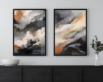 Juego de 2 impresiones abstractas minimalistas de arte de pared, modernas, neutras, en colores oscuros y naranjas, para galería de pared, acogedora sala de estar, digital.