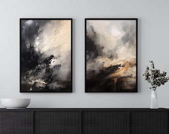 Juego de 2 impresiones de arte minimalista, abstractas, modernas y neutras, en lava negra y dorada, para galería de pared neutra, acogedora sala de estar DIGITAL