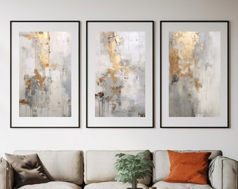 Arte de pared minimalista, juego de 3, impresiones abstractas modernas neutras en dorado y beige, pinturas de galería minimalistas neutras, Golden Room