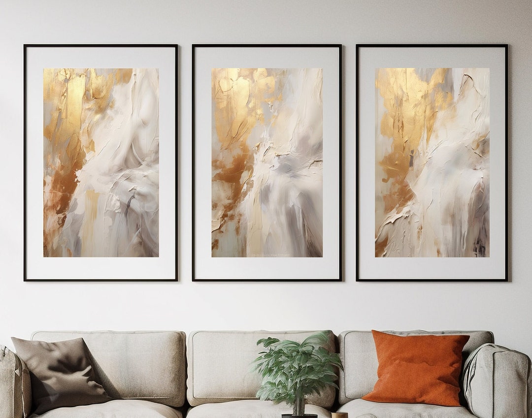Minimalist Wall Art Set of 3, Modern Neutral Abstract , Gold and Beige ...