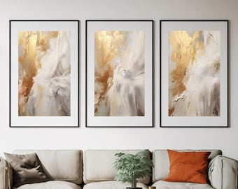 Juego de 3 impresiones abstractas minimalistas en tonos neutros modernos, impresiones abstractas en dorado y beige, galería minimalista en tonos neutros para pared, sala de estar dorada.