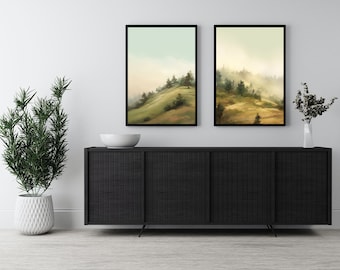 Juego de 2 cuadros de arte de pared minimalista abstracto / Impresiones nórdicas sencillas y neutras / Dibujos de naturaleza modernos / Decoración contemporánea para el hogar / Verde natural