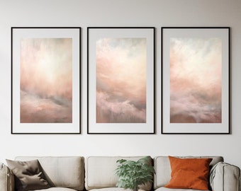 Lote de 3 impresiones en acuarela: acuarela minimalista moderna, arte mural contemporáneo, cielos rosados y anaranjados, descarga instantánea.