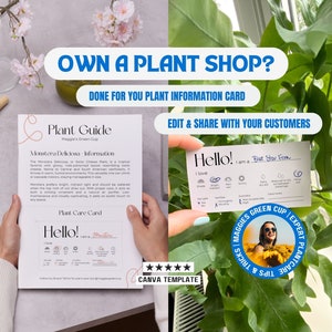 Guía de cuidado de perfiles de plantas Tarjetas de Canva editables Etiquetas para plantas Instrucciones para plantas para imprimir en interiores Etiqueta para plantas Planificador para pequeñas empresas Plantas de interior