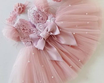 Flower girl dress, Lace flower girl dress, Pink Dress, Blush Flower Girl Dress, Holiday Dress, Tulle girl dress with pearls, birthday dress