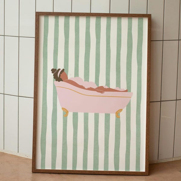 Cute Bathroom Wall Art | Funny Bathroom Wall Art Print | Bathtub Print | Trendy Minimalist Bathroom Poster | Green Striped Bathroom Wall Art