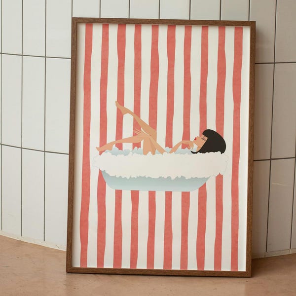 Cute Bathroom Wall Art | Funny Bathroom Wall Art Print | Bathtub Print | Trendy Minimalist Bathroom Poster | Red Striped Bathroom Wall Art