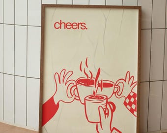 Cheers Coffee Wall Art | Minimal Red Line Illustration | Coffee Lovers Print | Kitchen Cafe Decor | Brunch Wall Art | Digital Download