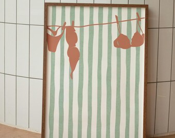 Arte de pared playero verde con estampado de bikini / Impresión artística de bikini rojo amarillo / Póster estético costero / Impresión digital de verano / Impresiones playeras