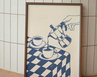 Retro Moka Pot Wall Art | Italian Coffee Poster | Vintage Kitchen Decor | Cafe Kitchen Wall Decor |  Kitchen Wall | Printable Cafe Poster