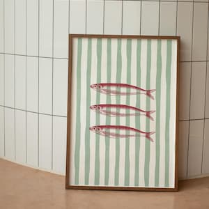 Striped Sardines Print | Sardines Art Print | Sardines Retro Wall Art | Kitchen Aesthetic Decor | Retro Sardines Wall Art | Fish Print