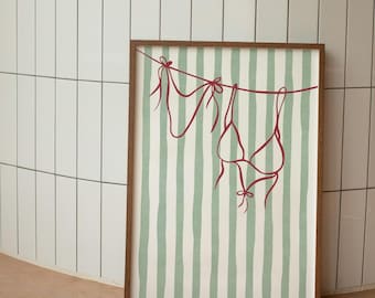 Bikini Print | Green Red Pink Beachy Wall Art | Coastal Aesthetic Poster | Summer Digital Print | Bikini on Clothesline | Trendy Wall Art