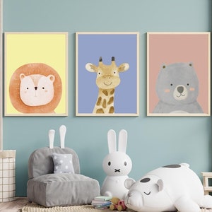 Impresiones de pared para guardería de safari / Impresiones de guardería boho / Animales de la jungla / Juego de 3 impresiones de arte para guardería / Decoración de guardería de animales / Estampado de animales para guardería