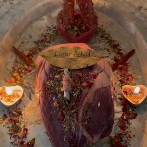 May include: A heart-shaped arrangement featuring a large, dark red object at the centre, encircled by herbs, spices, and dried rose petals. Two heart-shaped candles and red chilli peppers are placed around the object. The text "Lunar Astrid" is written on a leaf.