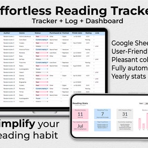 楽々読書トラッカー スプレッドシート - ブック トラッカー シート - ブックリスト オーガナイザー - Google スプレッドシート テンプレート - トラッカー + ログ + 統計